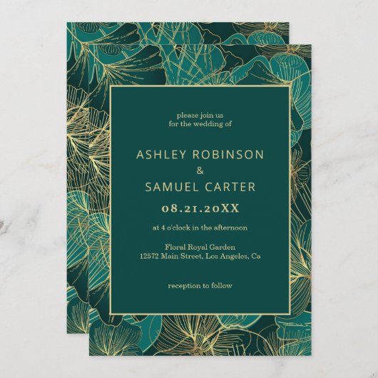 Blauw groen blad met gouden bruiloft uitnodiging (Voorkant / Achterkant)