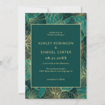 Blauw groen blad met gouden bruiloft uitnodiging
