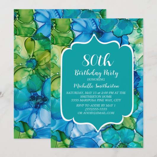 Blauw Groen Blauwgroen Waterverf 80ste Verjaardag Kaart (Voorkant / Achterkant)