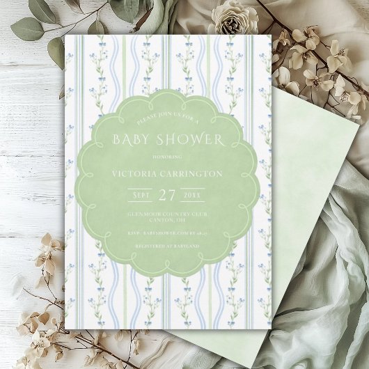 Blauw & Groen Bloemen  Baby shower Kaart