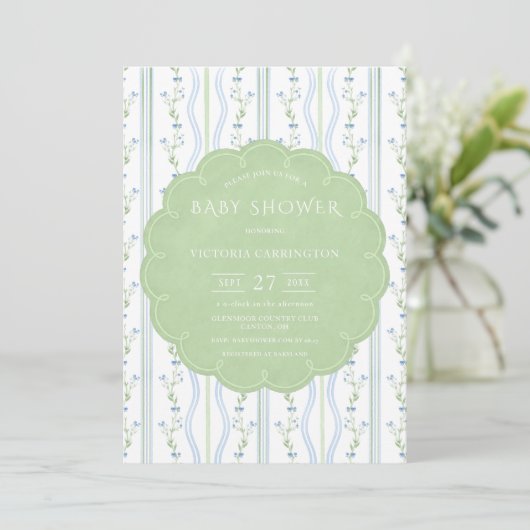 Blauw & Groen Bloemen Baby shower Kaart (Staand voorkant)
