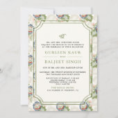 Blauw Groen Bloemen Ikat Anand Karaj Sikh Huwelijk Kaart (Voorkant)