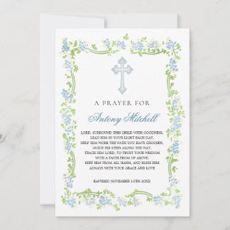 Blauw Groen Bloemen Kruis Doop Gebedsuitnodiging Kaart