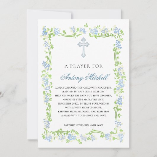 Blauw Groen Bloemen Kruis Doop Gebedsuitnodiging Kaart (Voorkant)