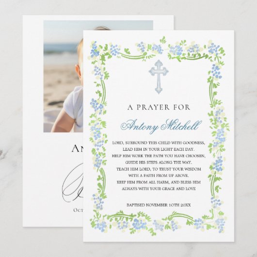 Blauw Groen Bloemen Kruis Doop Gebedsuitnodiging Kaart (Voorkant / Achterkant)