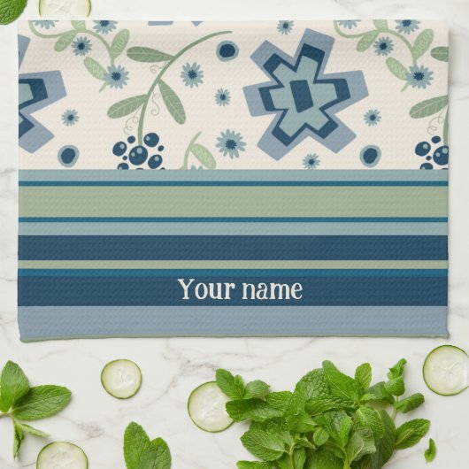 Blauw Groen Bloemen Leuk Chique Gepersonaliseerde  Theedoek (Gevouwen)