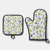 Blauw & Groen Bloemen Patroon Ovenwant & Pannenlap Set (Voorkant)