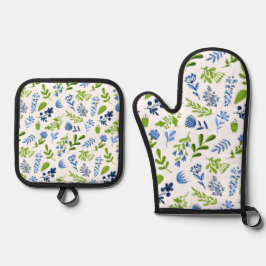Blauw & Groen Bloemen Patroon Ovenwant & Pannenlap Set