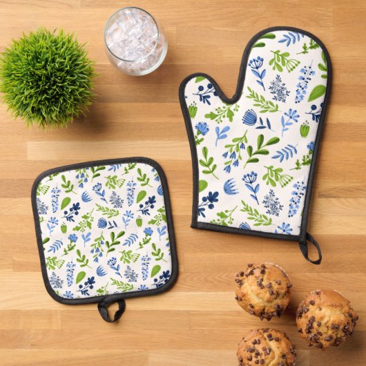 Blauw & Groen Bloemen Patroon Ovenwant & Pannenlap Set (Top down)