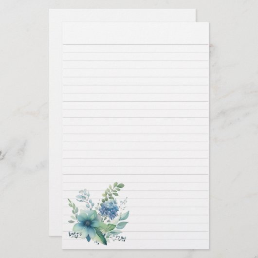 Blauw Groen Bloemen Stationery Briefpapier (Voorkant / Achterkant)