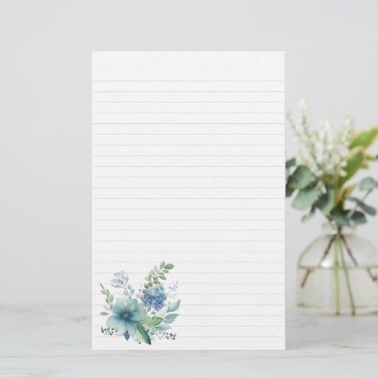 Blauw Groen Bloemen Stationery Briefpapier (Staand voorkant)