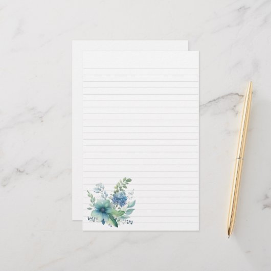 Blauw Groen Bloemen Stationery Briefpapier (Voorkant / Achterkant in situ)