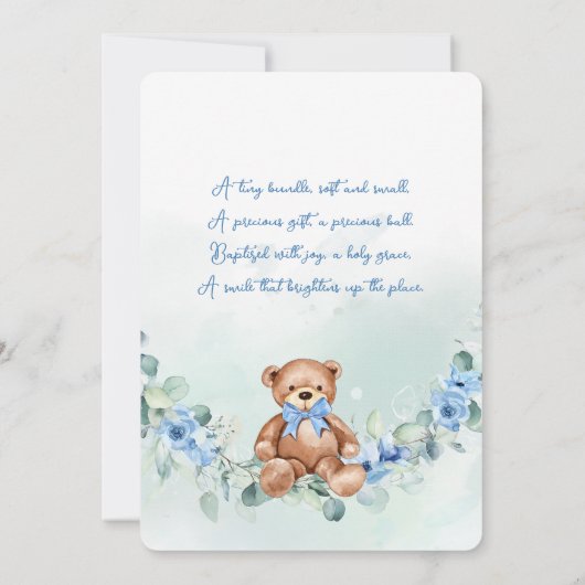 Blauw Groen Bloemen Waterverf Teddybeer Doop Kaart (Achterkant)