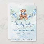 Blauw Groen Bloemen Waterverf Teddybeer Doop Kaart (Voorkant)