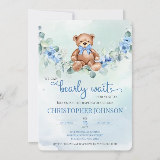 Blauw Groen Bloemen Waterverf Teddybeer Doop Kaart (Voorkant)