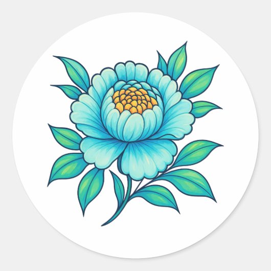 Blauw Groen Bloemsticker | Elegante Botanische Pri Ronde Sticker (Voorkant)
