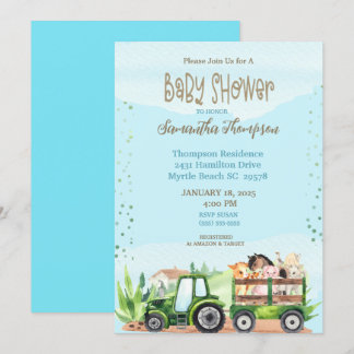 Blauw groen Boerderij tractorboys Baby shower Kaart