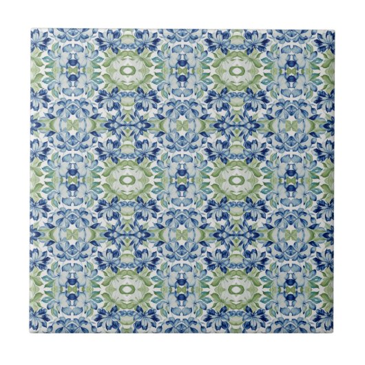 Blauw groen BOHO bloemmotief Tegeltje (Voorkant)