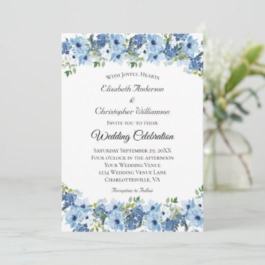 Blauw Groen Boho Waterverf Bloemen Bruiloft Kaart (Staand voorkant)