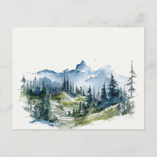 Blauw Groen Bossen Berg Schets Bruiloft Details Informatiekaartje (Achterkant)