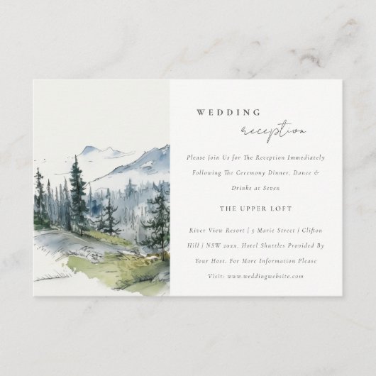 Blauw Groen Bossen Berg Schets Bruiloft Receptie Informatiekaartje (Voorkant)