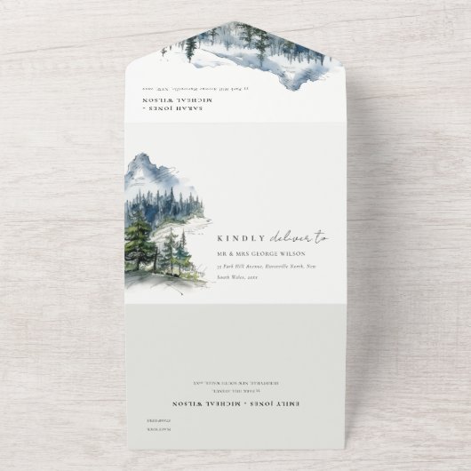 Blauw Groen Bossen Berglandschap Schets Bruiloft All In One Uitnodiging (Buitenkant)