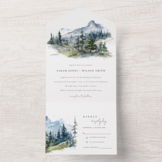 Blauw Groen Bossen Berglandschap Schets Bruiloft All In One Uitnodiging (Binnen)