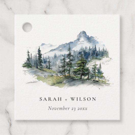 Blauw Groen Bossen Berglandschap Schets Bruiloft Bedankjes Labels (Voorkant)