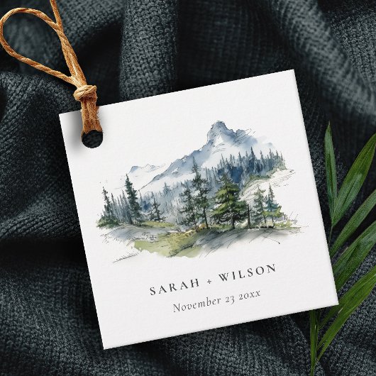 Blauw Groen Bossen Berglandschap Schets Bruiloft Bedankjes Labels