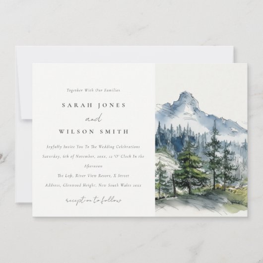 Blauw Groen Bossen Berglandschap Schets Bruiloft Kaart (Voorkant)