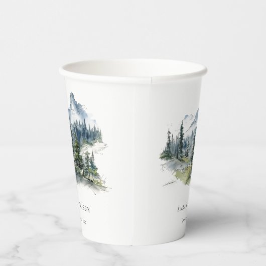 Blauw Groen Bossen Berglandschap Schets Bruiloft Papieren Bekers (Rechts)