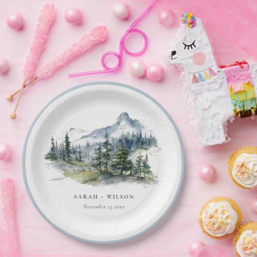 Blauw Groen Bossen Berglandschap Schets Bruiloft Papieren Bordje (Feest)