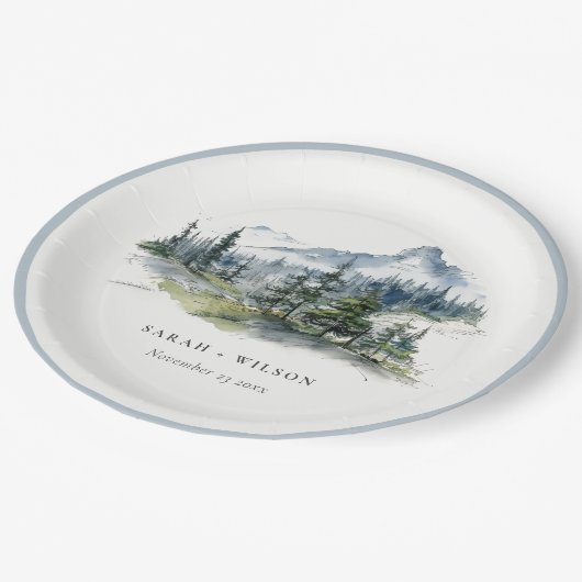 Blauw Groen Bossen Berglandschap Schets Bruiloft Papieren Bordje (Gekanteld)