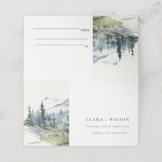 Blauw Groen Bossen Berglandschap Schets Bruiloft Plaatskaartje (Buitenkant ongevouwen)