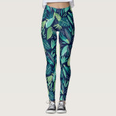 Blauw & Groen Botanisch Bladpatroon Leggings (Voorkant)