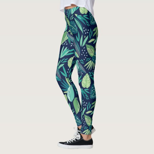 Blauw & Groen Botanisch Bladpatroon Leggings (Links)
