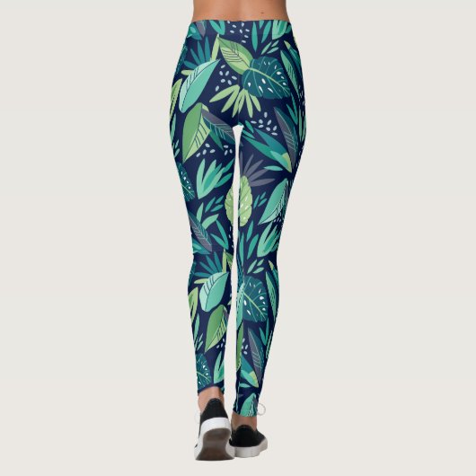 Blauw & Groen Botanisch Bladpatroon Leggings (Achterkant)