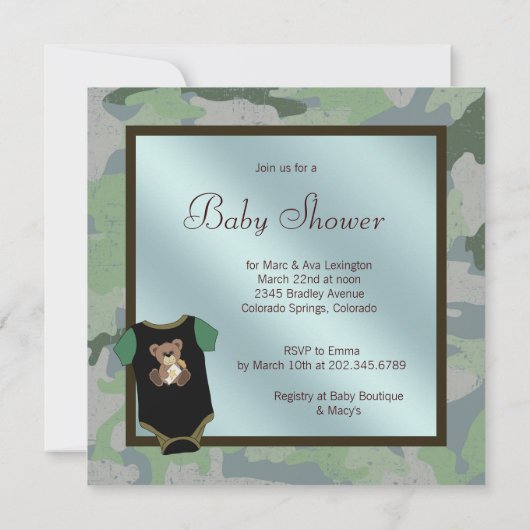 Blauw Groen Camouflage Baby Boy Douche Uitnodiging (Achterkant)