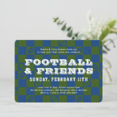 Blauw Groen Checkerboard Football Game Watch Party Kaart (Staand voorkant)