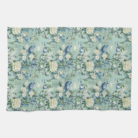 Blauw Groen Chinoiserie Stijl Bloemen Keukenhanddo Theedoek (Horizontaal)