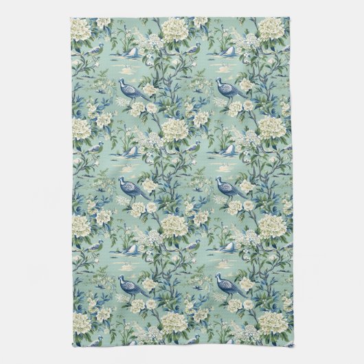 Blauw Groen Chinoiserie Stijl Bloemen Keukenhanddo Theedoek (Verticaal)