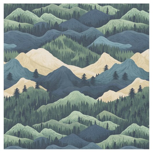 Blauw / Groen / Cream Trees & Mountains Stof (Close Up)
