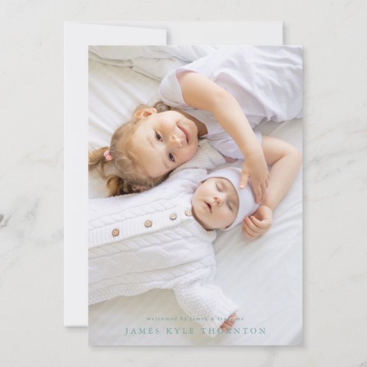 Blauw Groen Custom Twee Foto baby Geboorte Aankondiging (Achterkant)