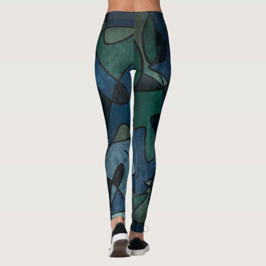 Blauw Groen Digitaal Glas in lood Uniek Abstract Leggings (Achterkant)