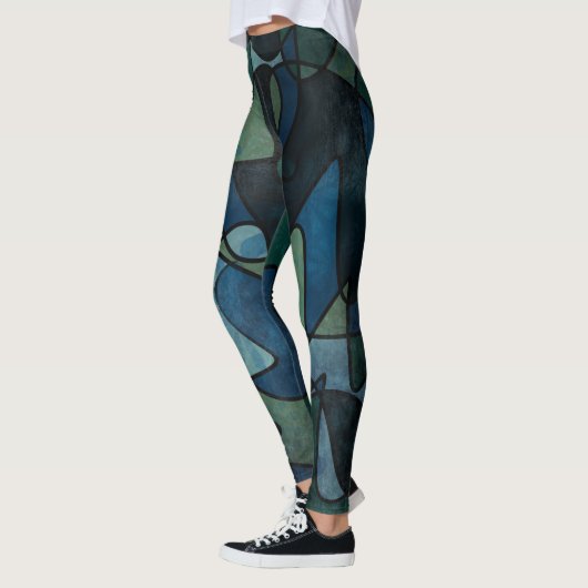 Blauw Groen Digitaal Glas in lood Uniek Abstract Leggings (Links)