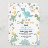 Blauw Groen Een Dino Mite Dinosaurus 1e Verjaardag Kaart (Voorkant / Achterkant)