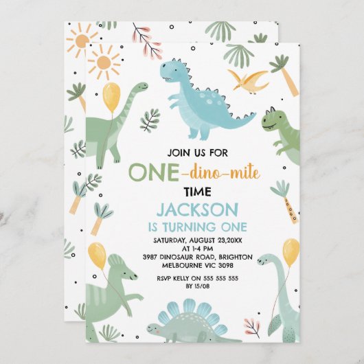 Blauw Groen Een Dino Mite Dinosaurus 1e Verjaardag Kaart (Voorkant / Achterkant)
