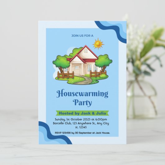 Blauw Groen Elegant Housewarming Party Uitnodiging (Staand voorkant)