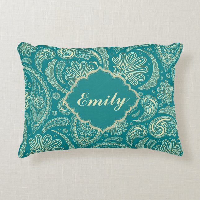 Blauw-groen en beige Creme  Paisley Accent Kussen (Voorkant)