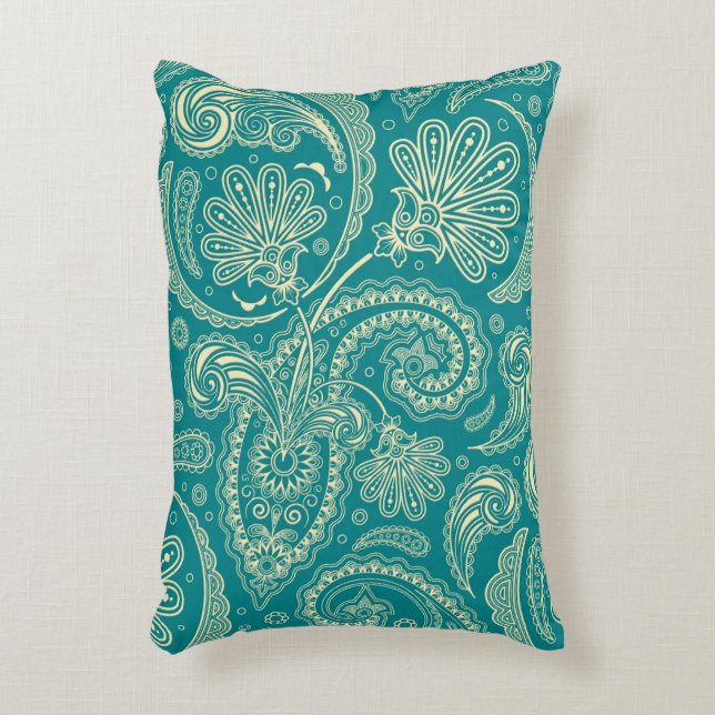 Blauw-groen en beige Creme  Paisley Decoratief Kussen (Voorkant(Verticaal))